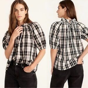 Jcrew plaid top with bubble sleeve